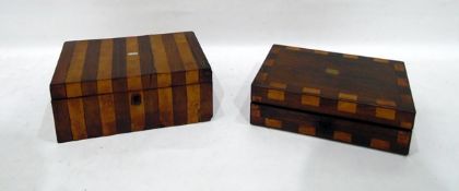 19th century workbox with striped veneer and rectangular mother-of-pearl inlay to lid and another