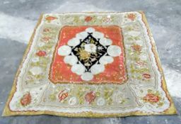 Victorian/late 19th century needlework rug, red field with floral medallion and wide floral border,