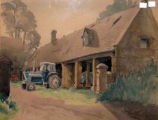 Margaret Seaton Watercolour drawing "Tythe Barn at Cutsdean", farm building with blue tractor,