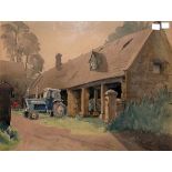 Margaret Seaton Watercolour drawing "Tythe Barn at Cutsdean", farm building with blue tractor,