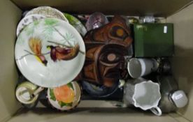 Mixed lot to include carved wooden mask, ceramics, decanter, cocktail shaker, prints,