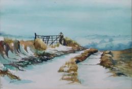 J M Steward Watercolour drawing "Winters Field", snowy track with gate and hills in distance,