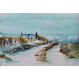 J M Steward Watercolour drawing "Winters Field", snowy track with gate and hills in distance,