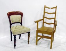 Victorian mahogany upholstered chair on turned supports and a 20th century pine carver (2)