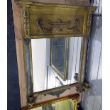 Rectangular gilt framed wall mirror with frieze, column decoration and candle sconces,