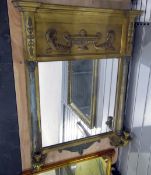 Rectangular gilt framed wall mirror with frieze, column decoration and candle sconces,