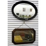 Oval wall mirror with bevelled plate and another carved oak framed wall mirror (2)