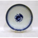Danish blue dish decorated with flower to centre and weave border, marked 'Denmark 934KF' to base,