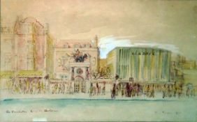 P Tucker Watercolour drawing "The Pheasantry, Kings Road, Chelsea", busy London street scene,