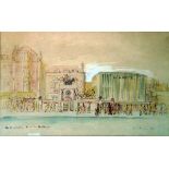 P Tucker Watercolour drawing "The Pheasantry, Kings Road, Chelsea", busy London street scene,