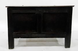 Antique oak coffer with metal hinge, panelled front, on straight supports,