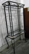 20th century metal and glass freestanding shelving unit, comprising three glass shelves,