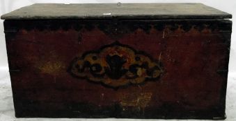 18th century Nepalese pine chest with iron strap hinges and clasp,