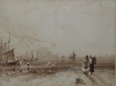 Circle of Richard Parkes Bonington Watercolour drawing, monochrome Fisherfolk on shore,