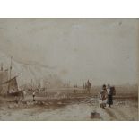 Circle of Richard Parkes Bonington Watercolour drawing, monochrome Fisherfolk on shore,