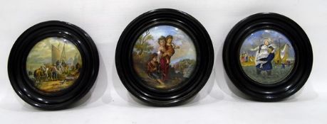 Three pot lids to include 'Landing the Fair,