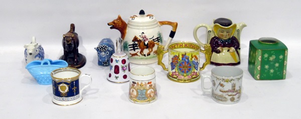 Quantity of commemorative mugs to include Royal Worcester, Paragon, novelty teapots,