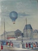 19th century French miniature Gouache Hot air balloon scene with crowd, rectangular,