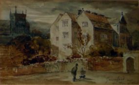 In the manner of James Skinner Prout Watercolour Man with dog in village scene with church,