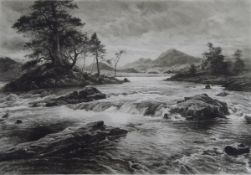 J Farquharson Etching Highland river scene,