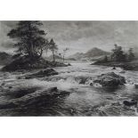 J Farquharson Etching Highland river scene,