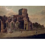 Circle of William Payne Watercolour drawing Figures on lane in front of parish church,