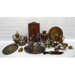 Quantity of Middle Eastern metalware to include teapots, dogs of fo, circular chargers, vase,