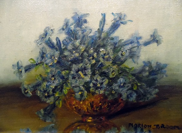 Marion Broom (1878-1962) Oil on canvas Still life of bowl of blue flowers, signed, 24.5cm x 34.
