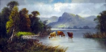 S Y Johnson Oil on canvas Cattle in highland scene,