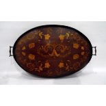 Edwardian marquetry inlaid two-handled oval tray with allover scrolling floral inlay,