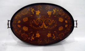 Edwardian marquetry inlaid two-handled oval tray with allover scrolling floral inlay,