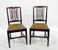 Pair of mahogany dining chairs with slat backs, mushroom upholstered inset seats,