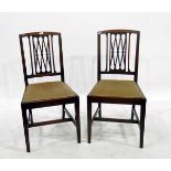 Pair of mahogany dining chairs with slat backs, mushroom upholstered inset seats,