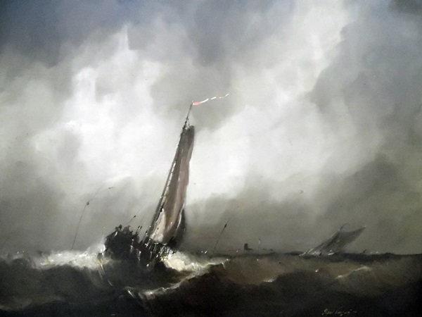 Unattributed (20th century) Oil on board Boat in a stormy sea, signed indistinctly lower right,