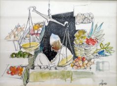 William (Bill) Papas (1927-2000) Pen, ink and watercolour Fruit seller asleep at his stall,