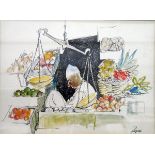 William (Bill) Papas (1927-2000) Pen, ink and watercolour Fruit seller asleep at his stall,