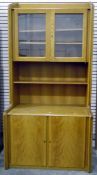 Near pair of South African pine display units, glazed cupboard,