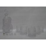 Five Swarovski miniature model birds and a set of six bark-effect tumblers with matching decanter
