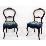 Pair of Victorian walnut dining chairs, hoop back, with foliate scroll top rail and cross rail,