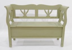 Pair of painted pine garden seats with open splat backs,
