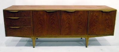 20th century teak sideboard with three short drawers and cupboards,