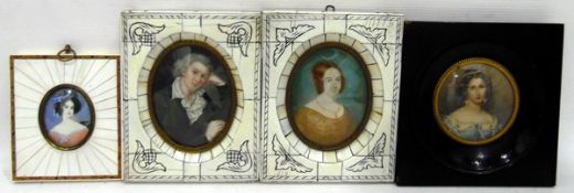 Pair of 20th century miniatures on ivory with bone frame Male and female portraits,