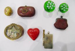 Miniature heart-shaped box enclosing miniature dominoes and dice, two miniature purses,