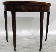 George III mahogany and satinwood banded demi-lune foldover top tea table,