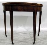 George III mahogany and satinwood banded demi-lune foldover top tea table,