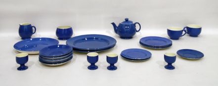 Moorcroft powder blue part breakfast and tea service comprising teapot, two mugs, sugar bowl,