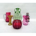 Quantity of coloured glass to include green glass two-handled bottle,