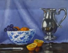 20th century school Oil on board Still life with oranges and grapes in a blue and white china bowl