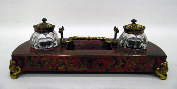 19th century boulle and brass inkstand with two glass lidded inkwells, on rectangular-shaped stand,