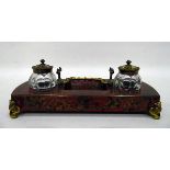 19th century boulle and brass inkstand with two glass lidded inkwells, on rectangular-shaped stand,